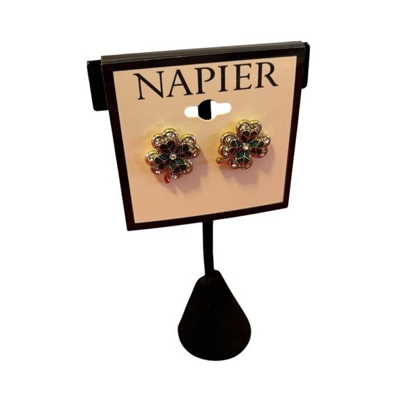 Napier Gold, Green & Pave Crystal 4 Leaf Clover Earrings. - Picture 2 of 6